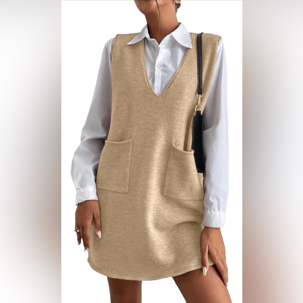 Women's Sleeveless Sweater Dress V Neck Knit Vest Dress with Pockets - Picture 3 of 7